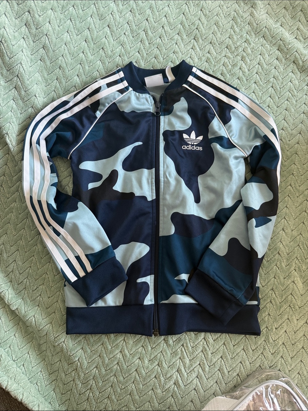 adidas Kids Blue Camouflage Track Jacket with White Stripes